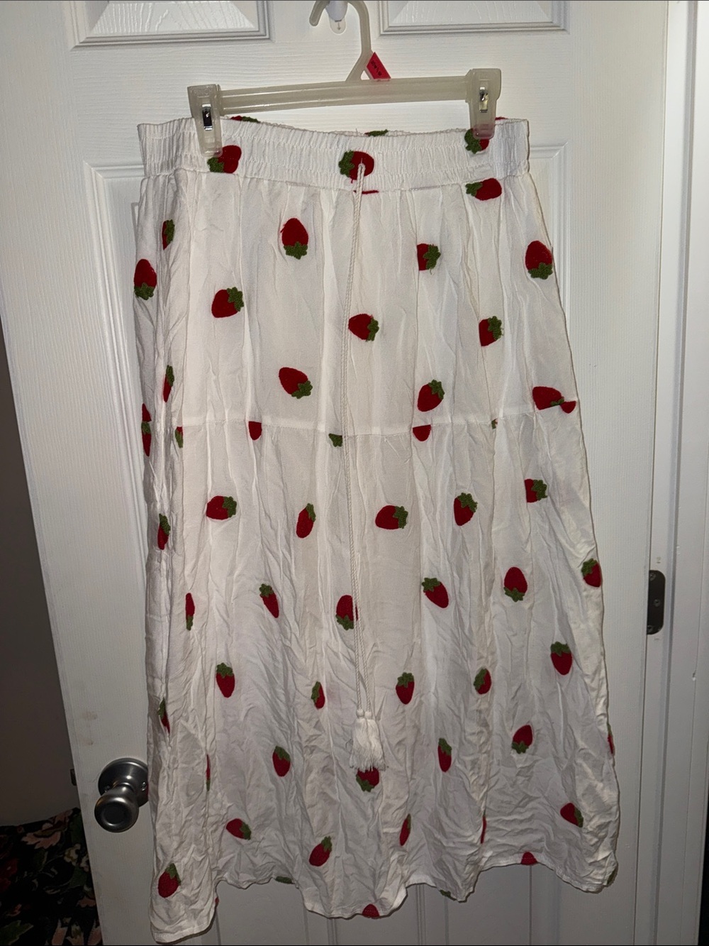White Maxi Skirt with Red Strawberry Embroidery